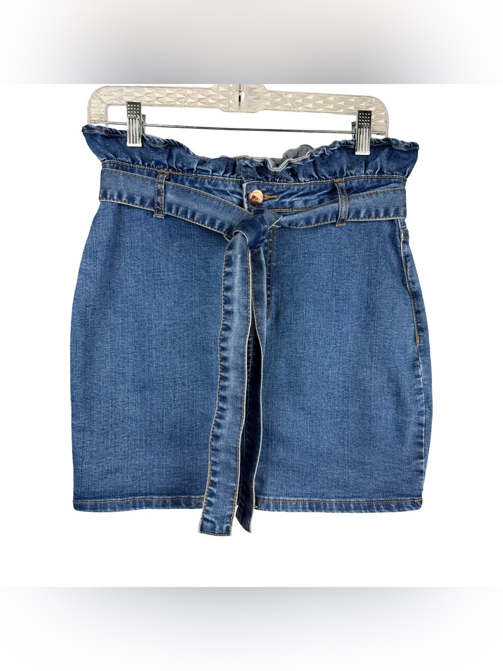 Denim Blvd High Waisted Paperbag Denim Skirt Blue Mini Belted Size Small S